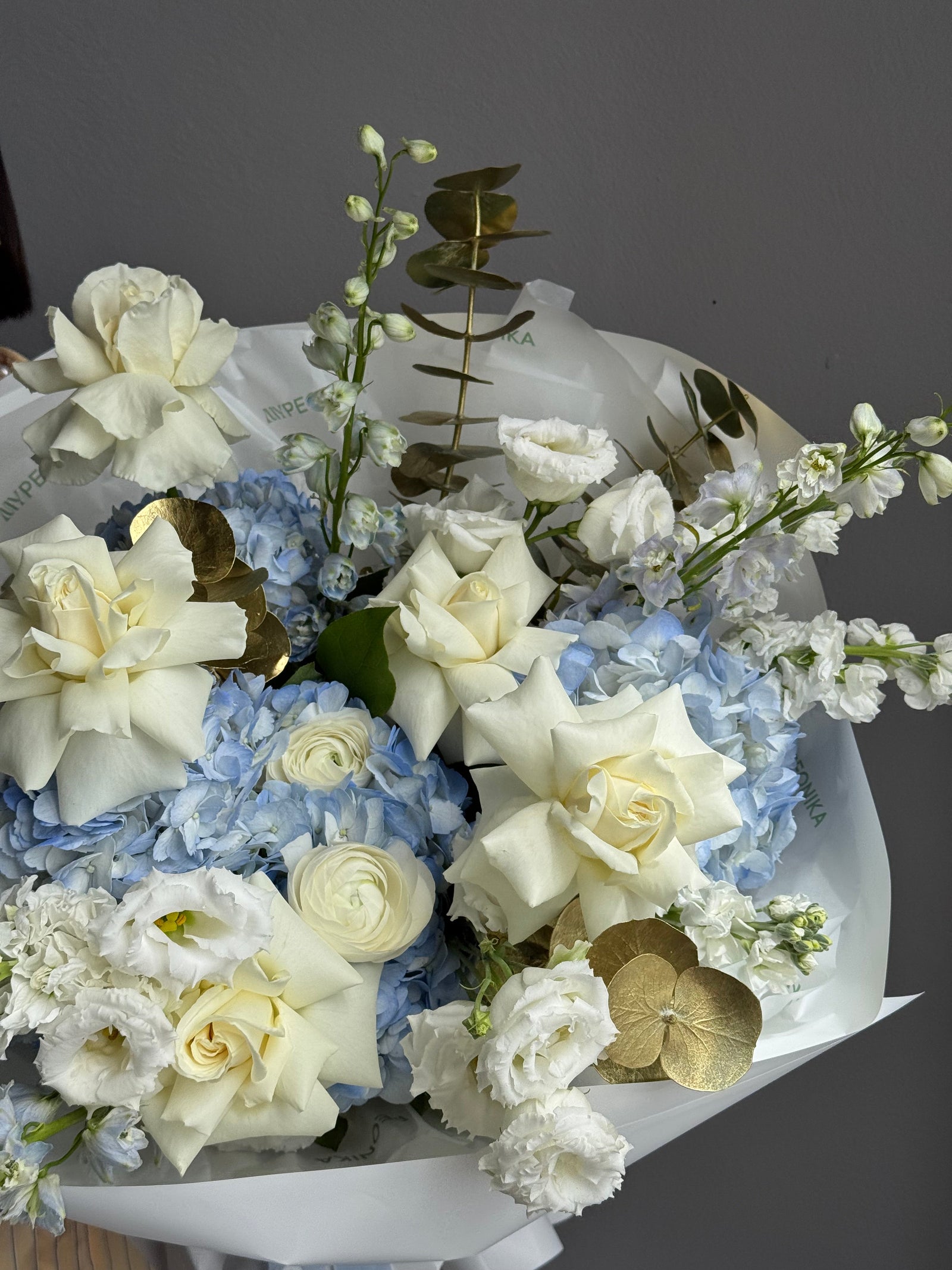 Bouquet “Ophelia” — delphinium, hydrangeas, ranunculus, roses