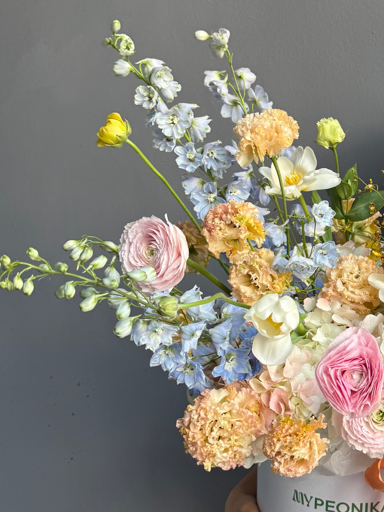 Flower Box “Fresh Start” — ranunculus, hydrangea, delphinium, lisianthus &amp; seasonal blooms