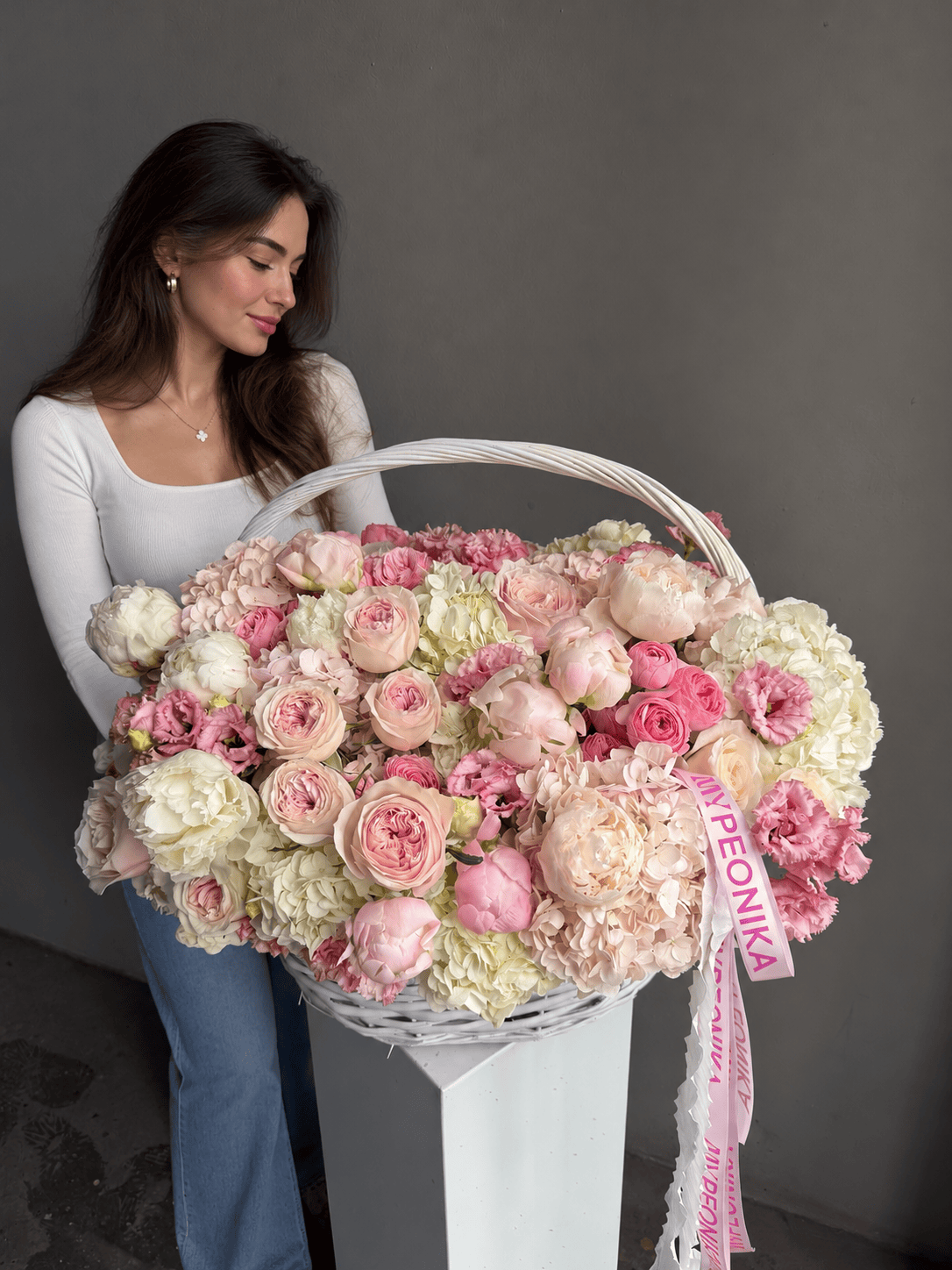 Flower Basket “You’re My Best Decision” — hydrangeas, garden roses, spray roses, peonies, lisianthus