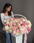 Flower Basket “You’re My Best Decision” — hydrangeas, garden roses, spray roses, peonies, lisianthus