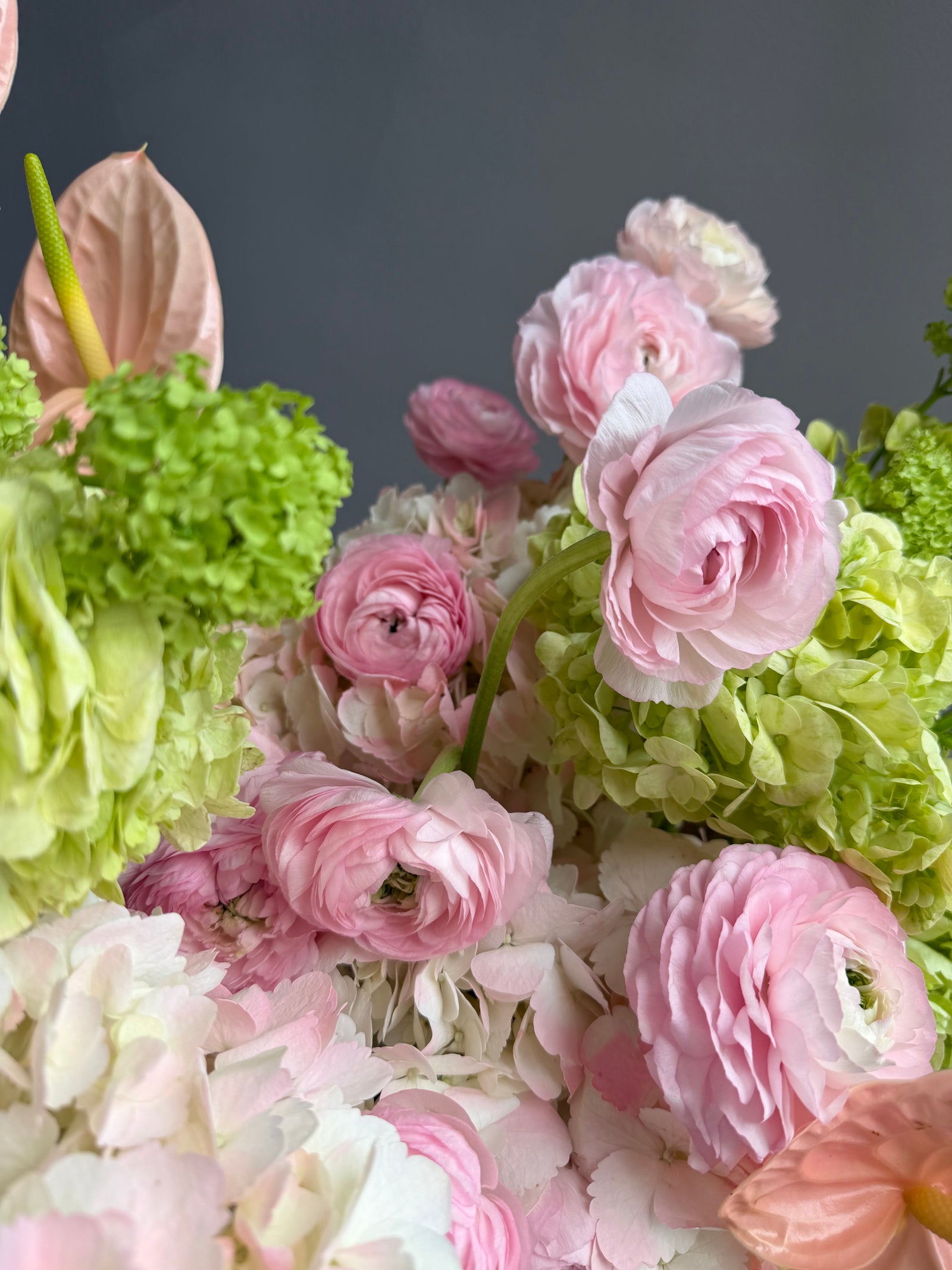 Flower Box “The Way You Care” — roses, hydrangea, ranunculus, anthurium, viburnum