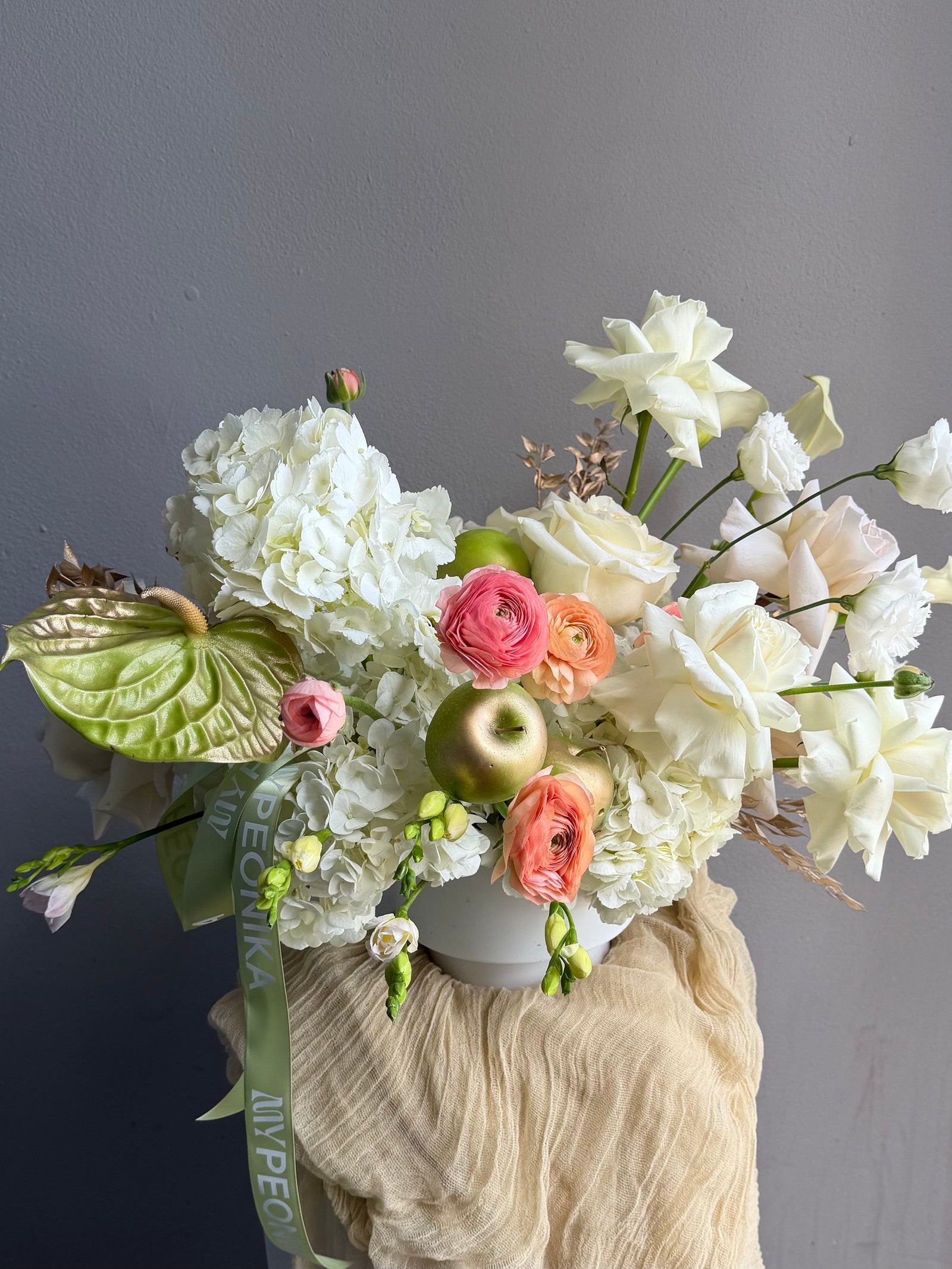 Vase Arrangement “September Silk” — hydrangea, rose, ranunculus, calla lily, anthurium, decorative apple
