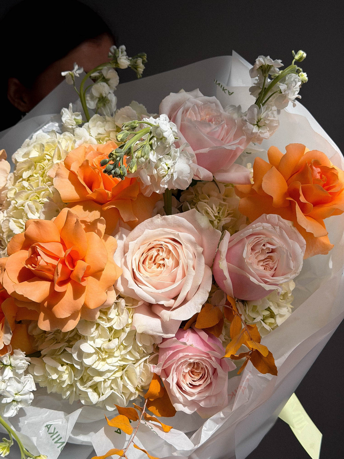 Bouquet “October Kiss” — hydrangea, roses, stock flowers