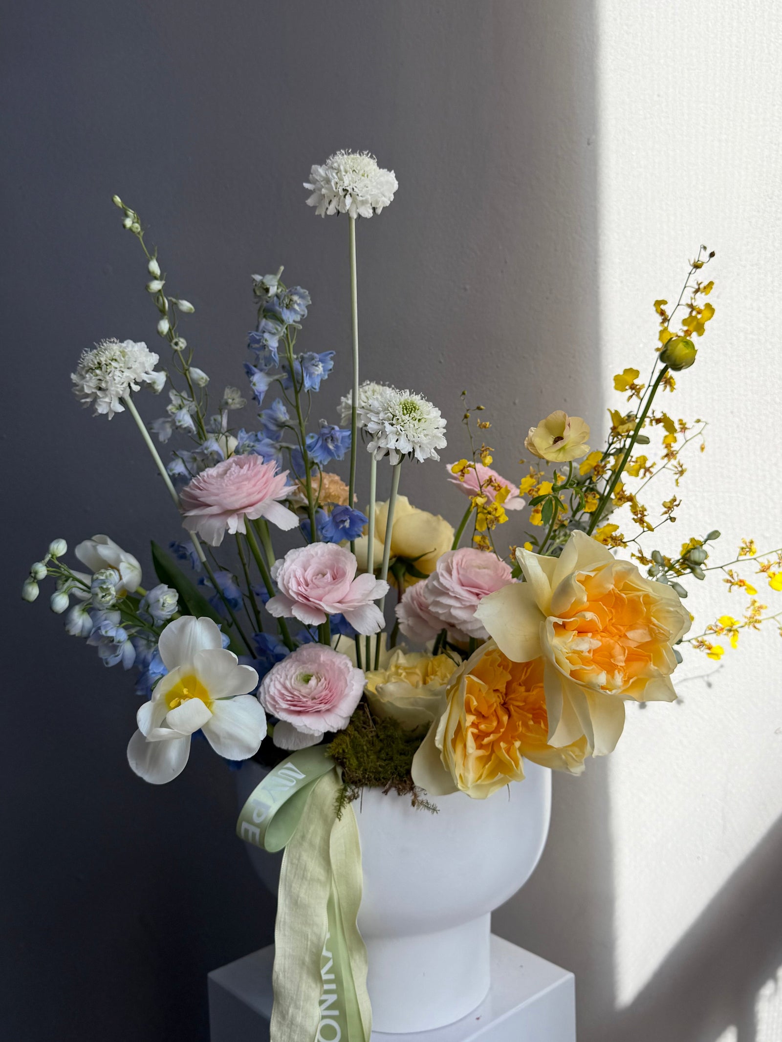 Interior Arrangement “Color Therapy” — ranunculus, roses, delphinium &amp; seasonal blooms
