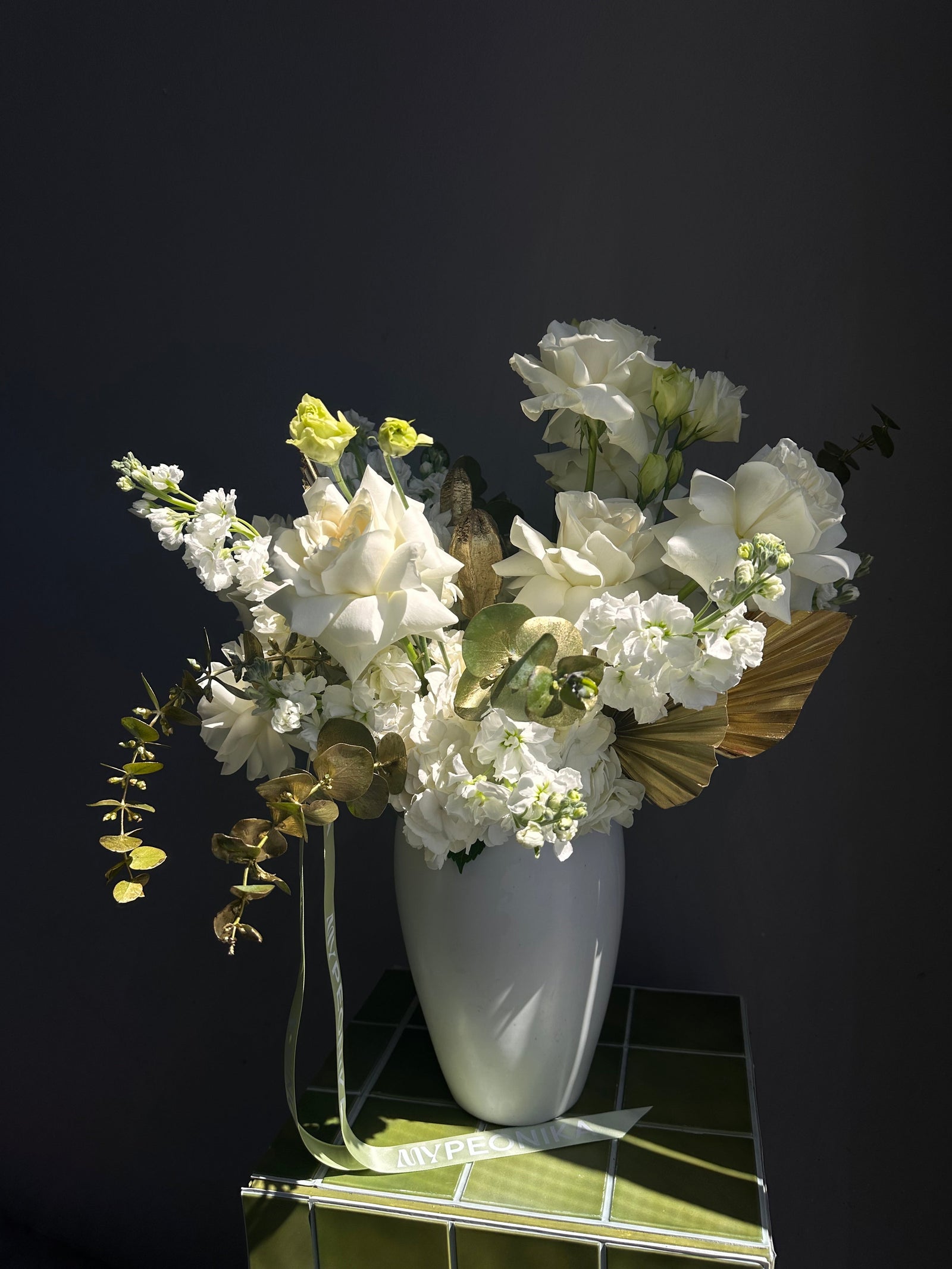 Interior arrangement "Warm Embrace" - roses, stock, dried flowers