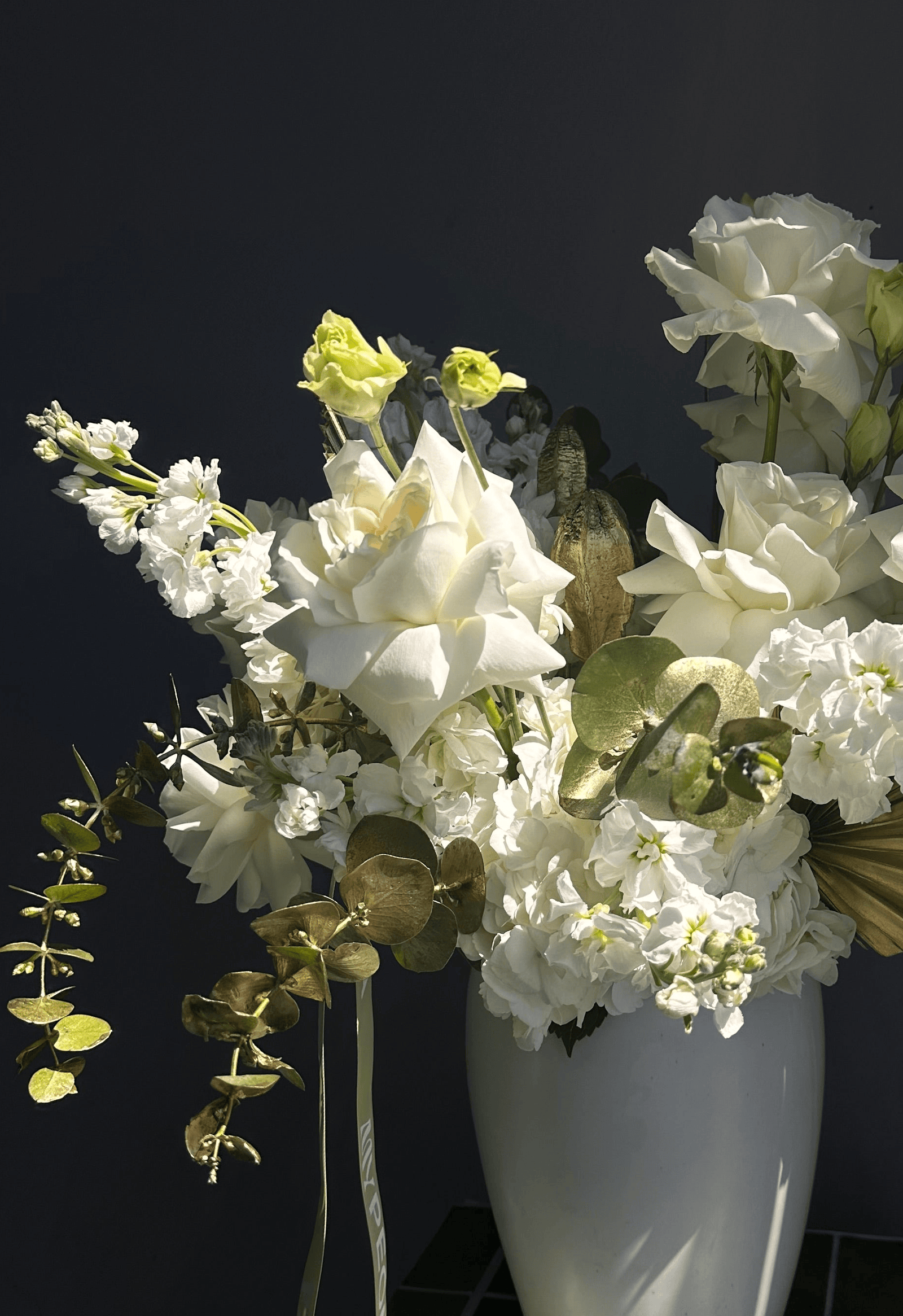 Interior arrangement "Warm Embrace" - roses, stock, dried flowers