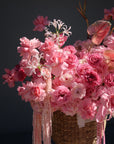 Flower Basket “Hyperpink” — anthurium, strelitzia, roses, hydrangea
