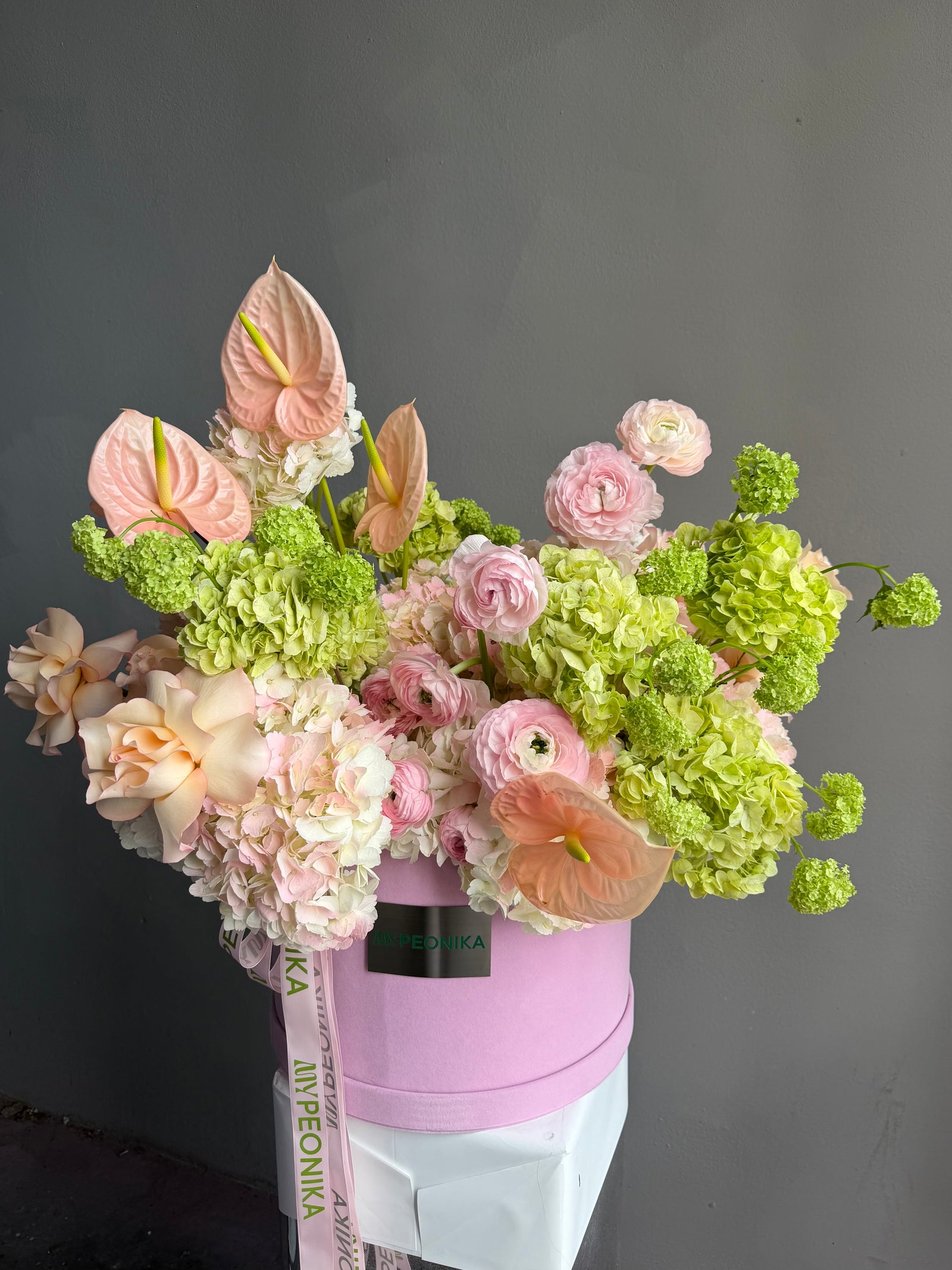 Flower Box “The Way You Care” — roses, hydrangea, ranunculus, anthurium, viburnum