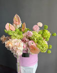 Flower Box “The Way You Care” — roses, hydrangea, ranunculus, anthurium, viburnum