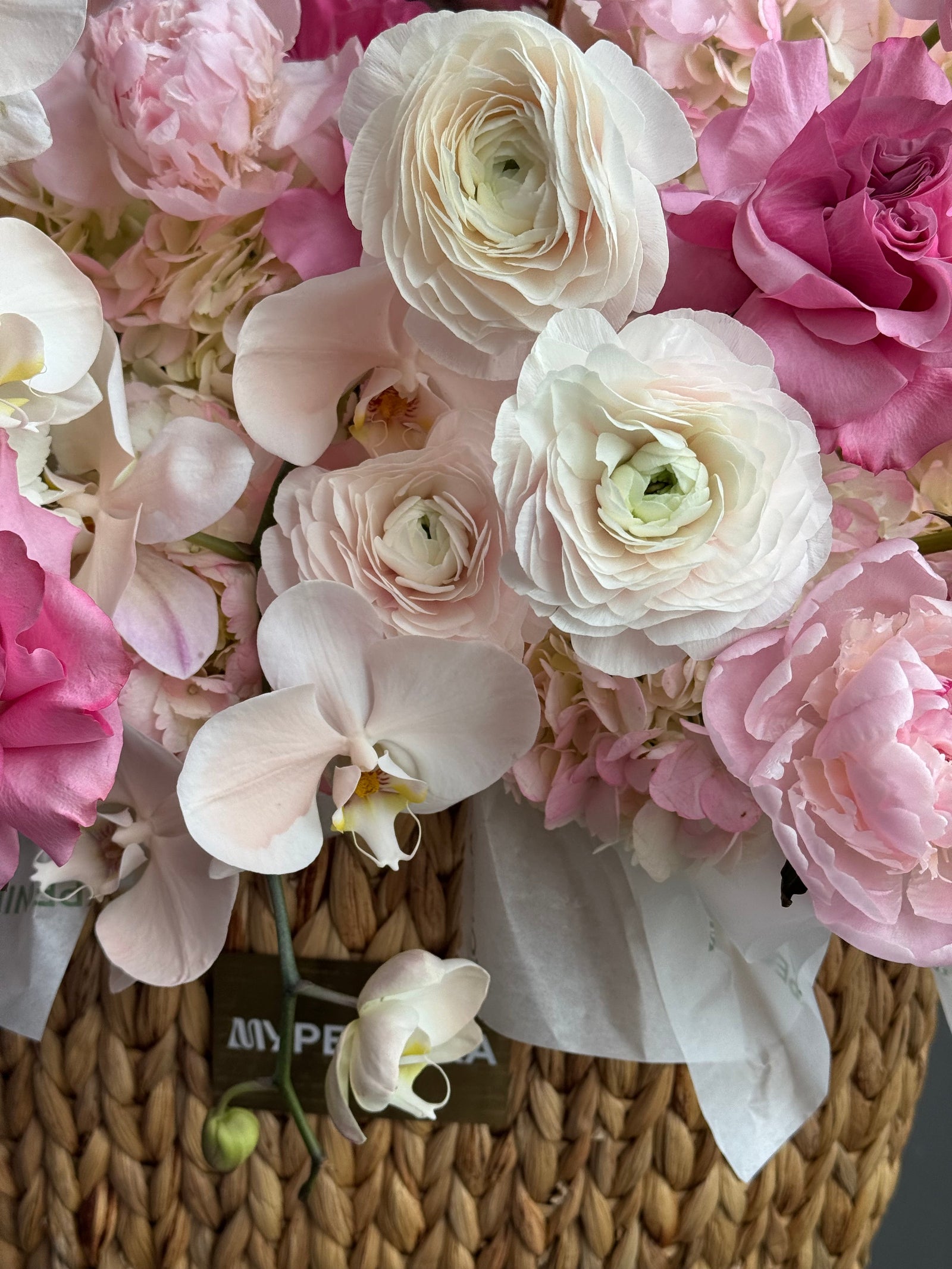 Flower Basket “The Way She Smiles” — roses, orchids, ranunculus