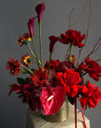 Vase Arrangement “Burning Love” — roses, hydrangea, anthurium, calla lily, gerberas, decorative pomegranate