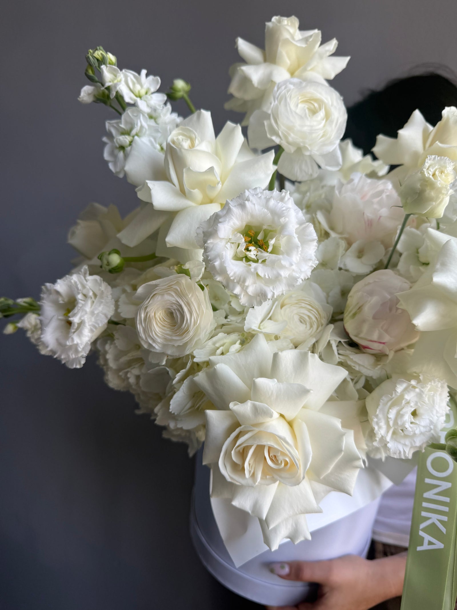 Flower Box “Tender White” — hydrangeas, peonies, ranunculus, lisi, white stock