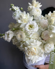 Flower Box “Tender White” — hydrangeas, peonies, ranunculus, lisi, white stock