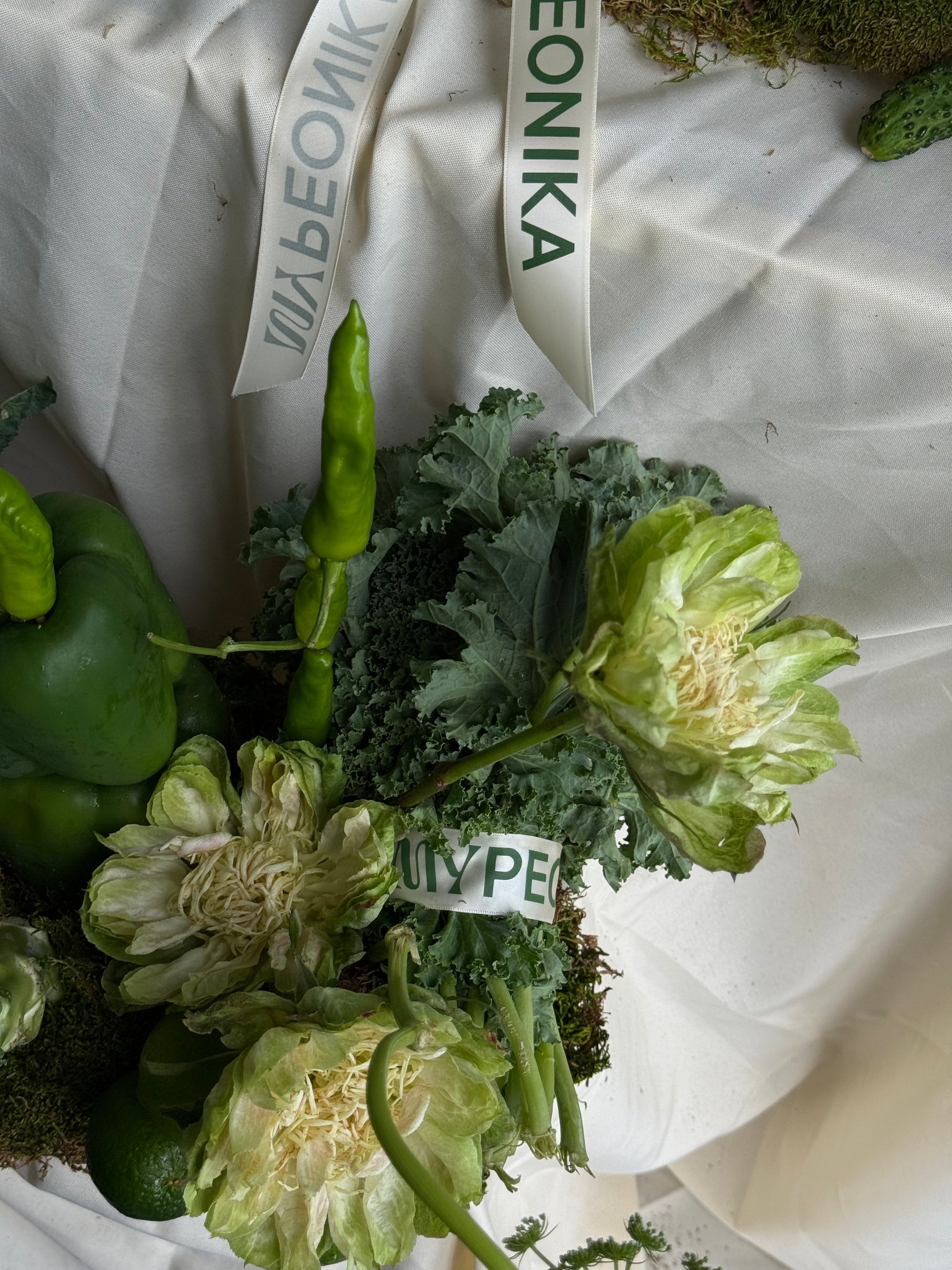 Interior Arrangements Set “Vibrant Core” — calla lilies, viburnum, rose veggie, assorted vegetables