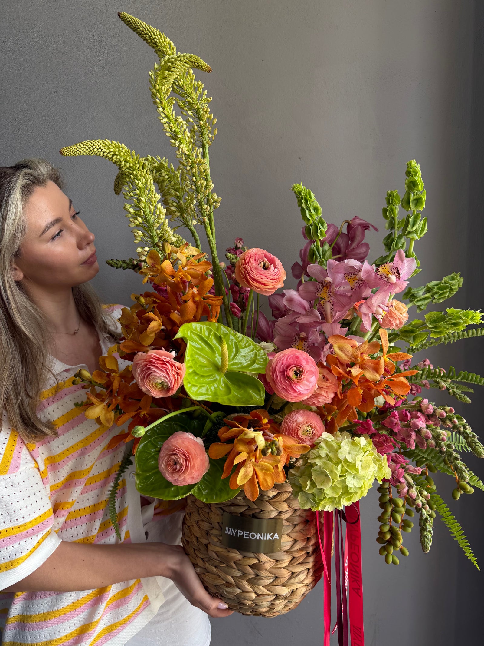 Flower Basket “Wild Eden” — ranunculus, anthurium, hydrangea, orchids, eremurus, moluccella