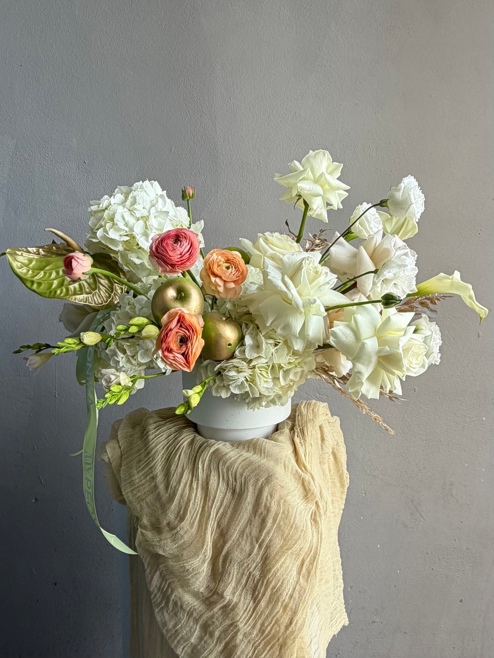 Vase Arrangement “September Silk” — hydrangea, rose, ranunculus, calla lily, anthurium, decorative apple