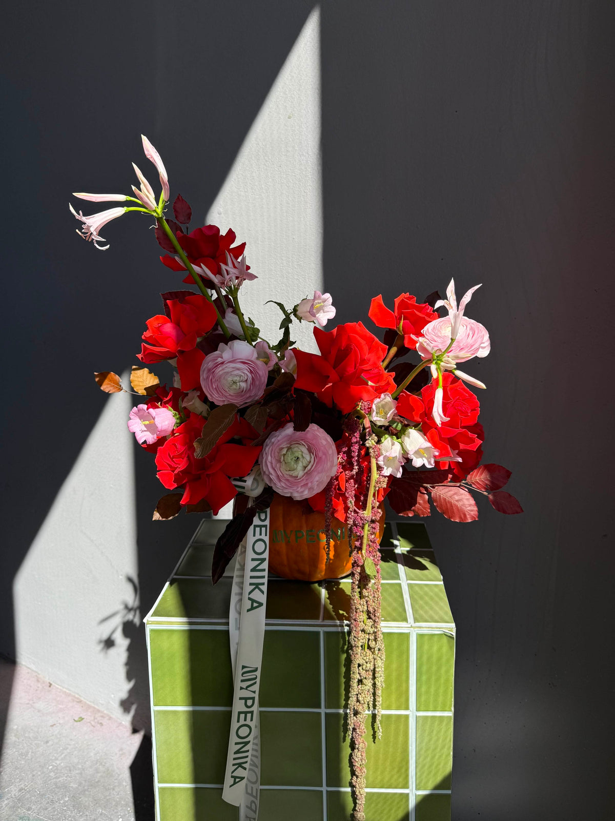 Interior Arrangement “Pumpkin Club” — roses, ranunculus, amaranth