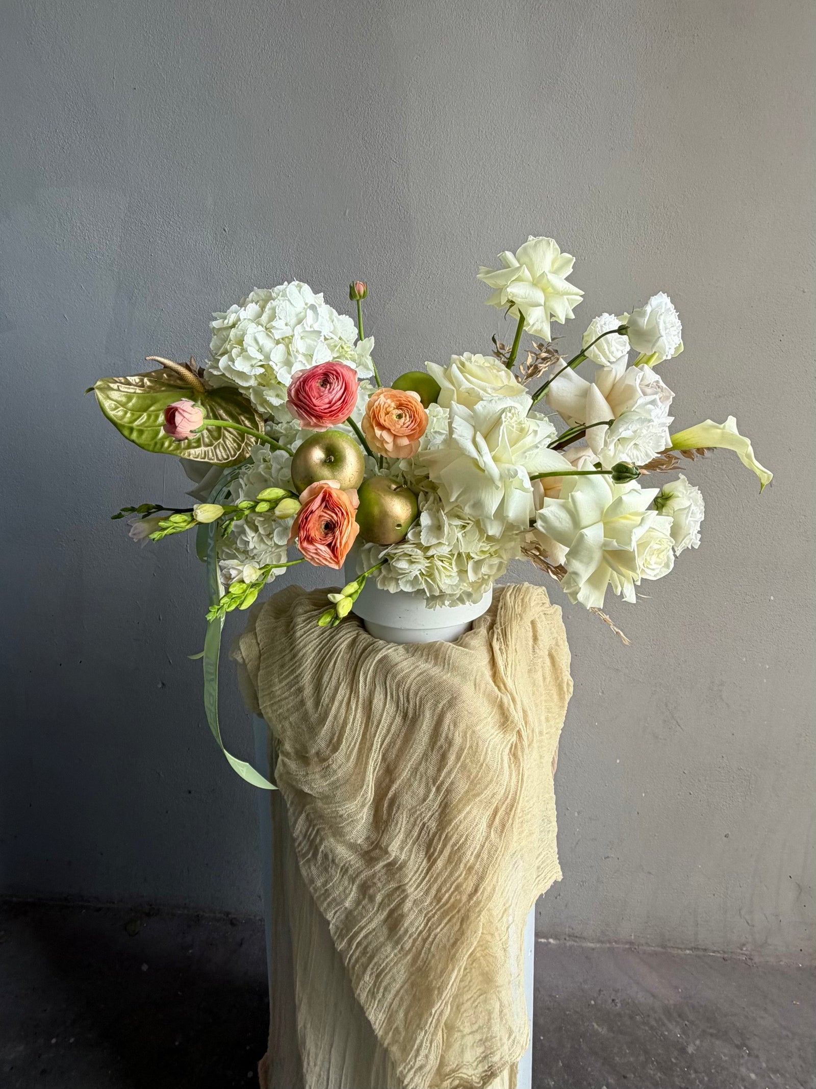 Vase Arrangement “September Silk” — hydrangea, rose, ranunculus, calla lily, anthurium, decorative apple