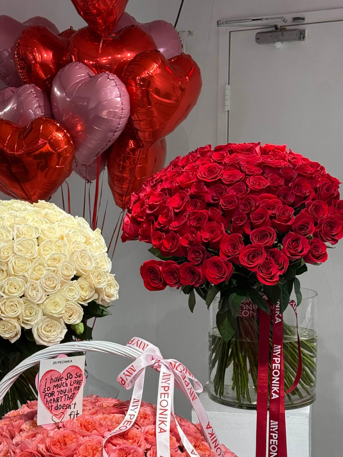Luxury Flower &amp; Balloon Set “With All My Love” — Pink Expression roses, white roses, red roses, heart balloons