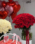 Luxury Flower & Balloon Set “With All My Love” — Pink Expression roses, white roses, red roses, heart balloons
