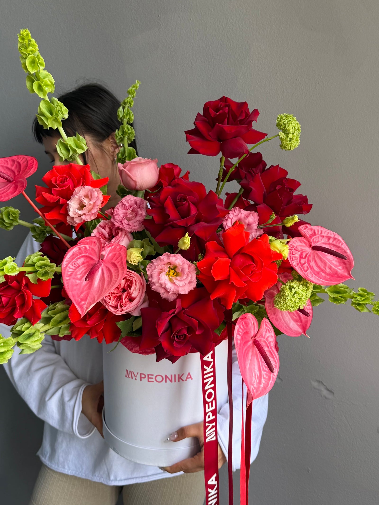 Flower Box “Too Good in Red” — anthurium, roses, viburnum