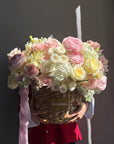 Flower Basket “Gentle Yes” — ranunculus, roses, hydrangea