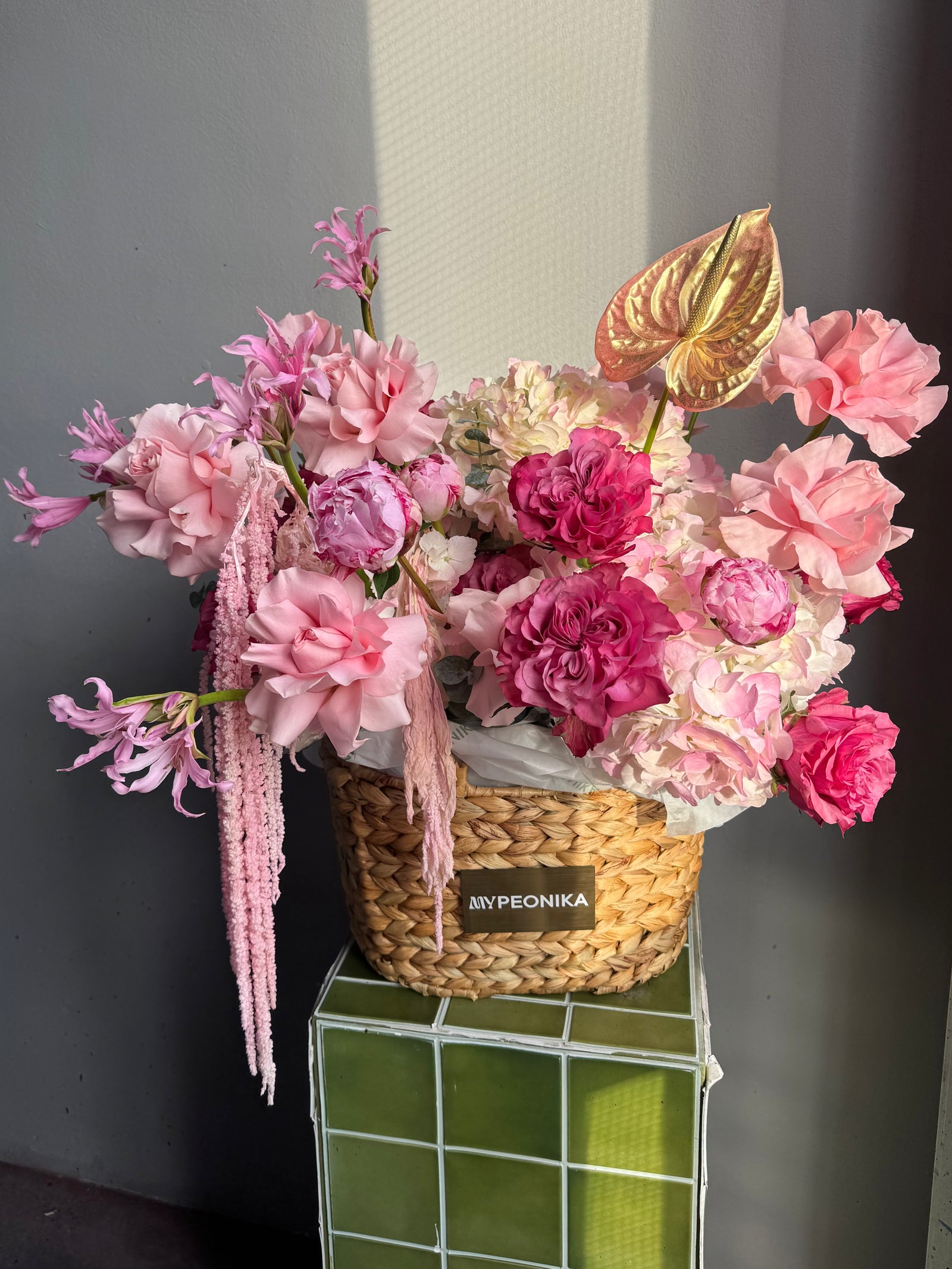 Flower Basket “Hyperpink Lite” — anthurium, amaranth, roses, hydrangea