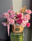Flower Basket “Hyperpink Lite” — anthurium, amaranth, roses, hydrangea