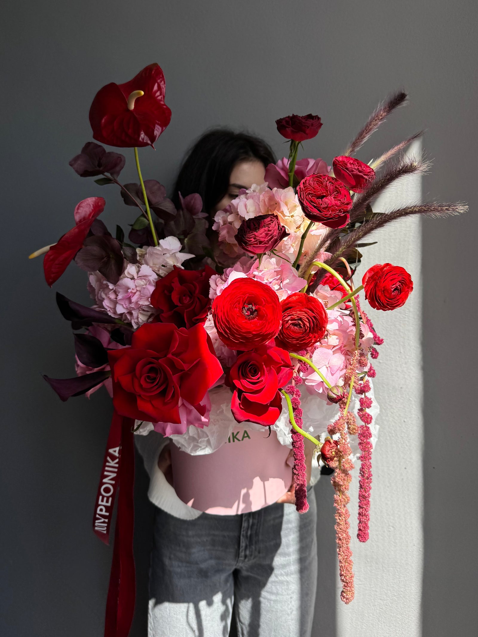 Flower Box “Hotline” — roses, anthurium, ranunculus, calla lilies, hydrangeas