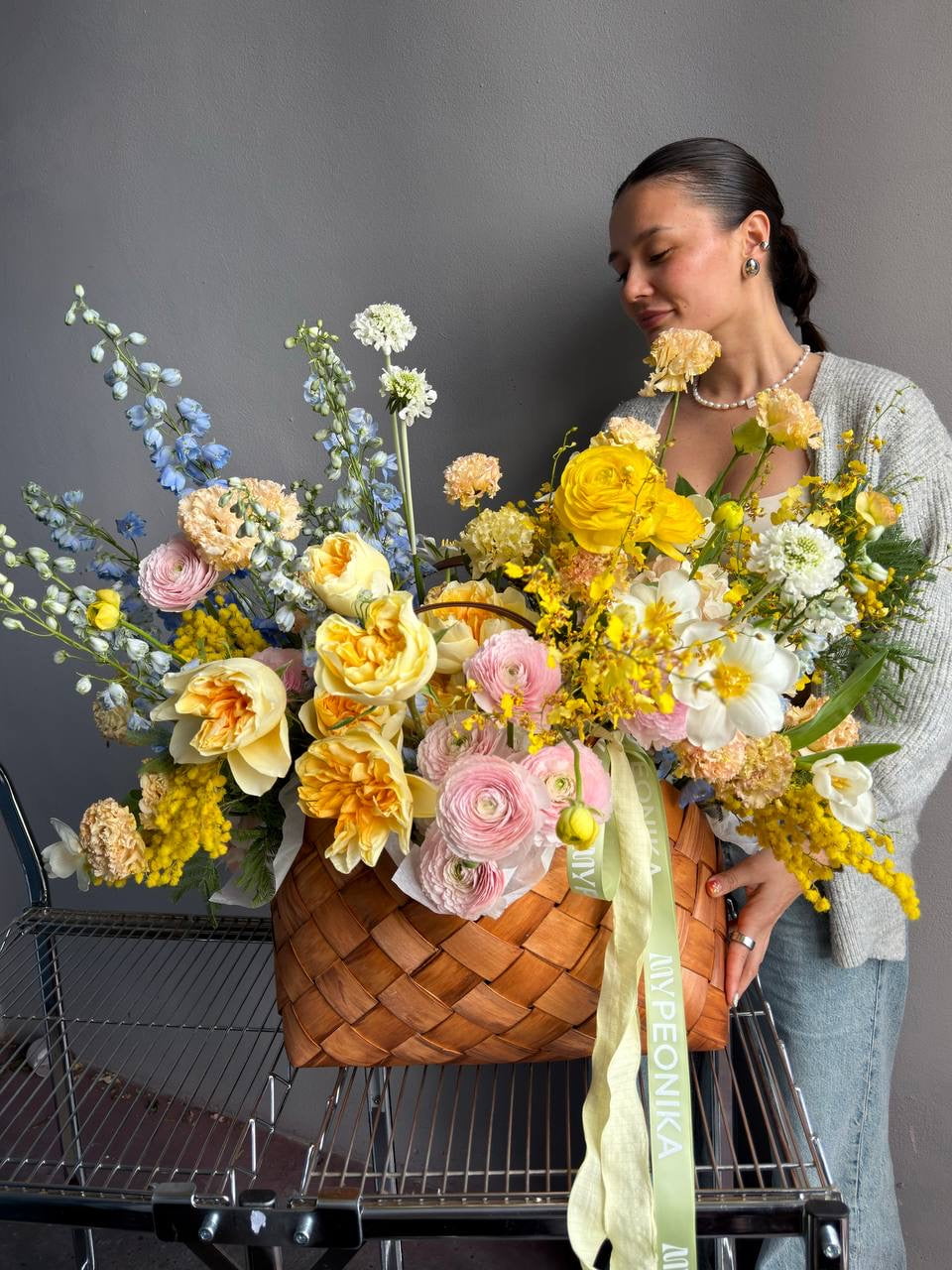 Flower Basket “Hello, Sunshine!” — ranunculus, roses, delphinium, carnations, mimosa &amp; seasonal blooms