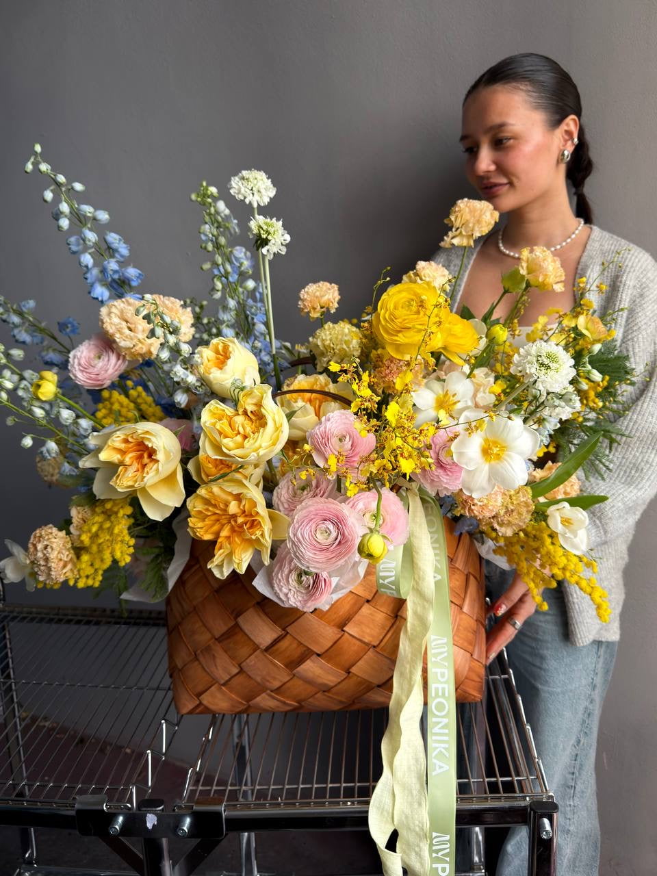 Flower Basket “Hello, Sunshine!” — ranunculus, roses, delphinium, carnations, mimosa &amp; seasonal blooms