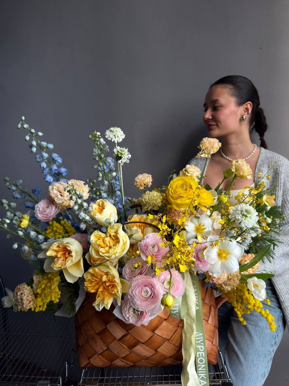 Flower Basket “Hello, Sunshine!” — ranunculus, roses, delphinium, carnations, mimosa &amp; seasonal blooms