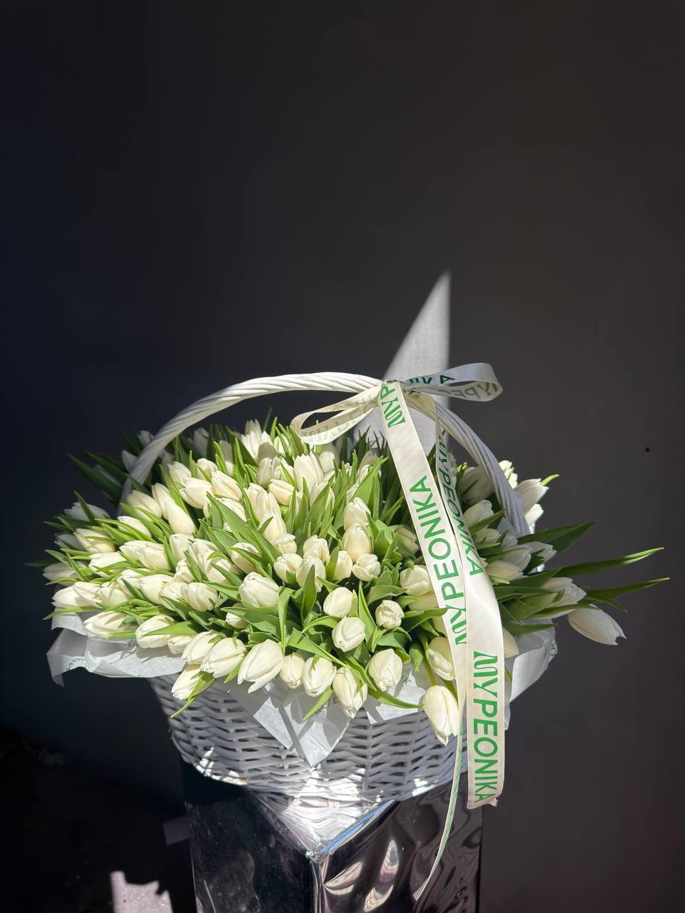 Flower Basket “If You Know, You Know” — 200 white tulips