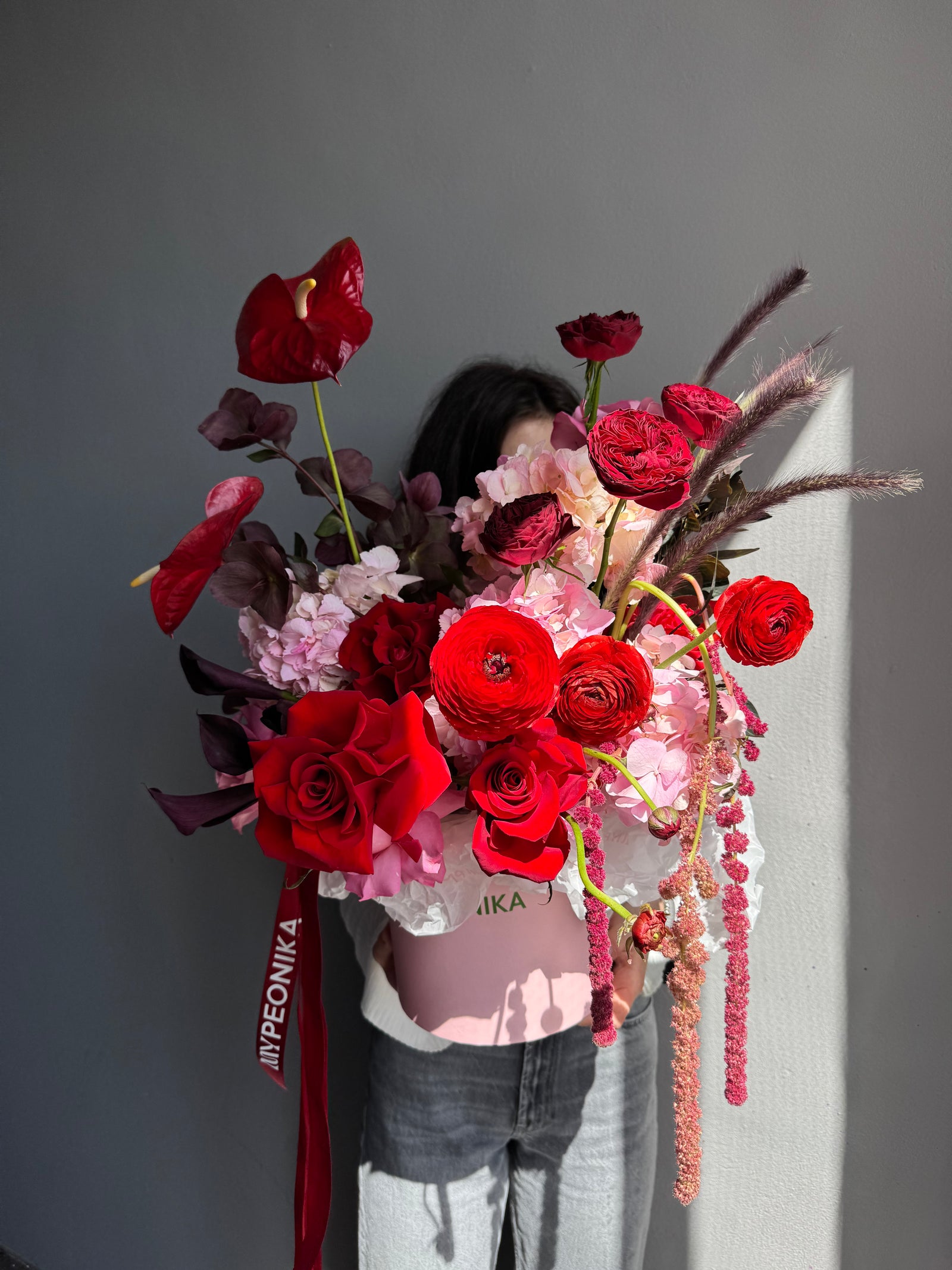 Flower Box “Hotline” — roses, anthurium, ranunculus, calla lilies, hydrangeas