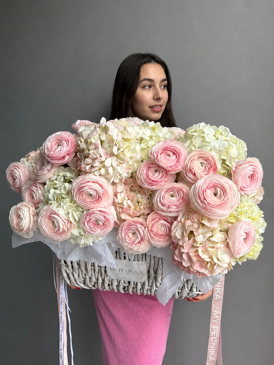 Flower Basket "Whispering Angel" - ranunculuses, hydrangeas