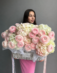 Flower Basket "Whispering Angel" - ranunculuses, hydrangeas