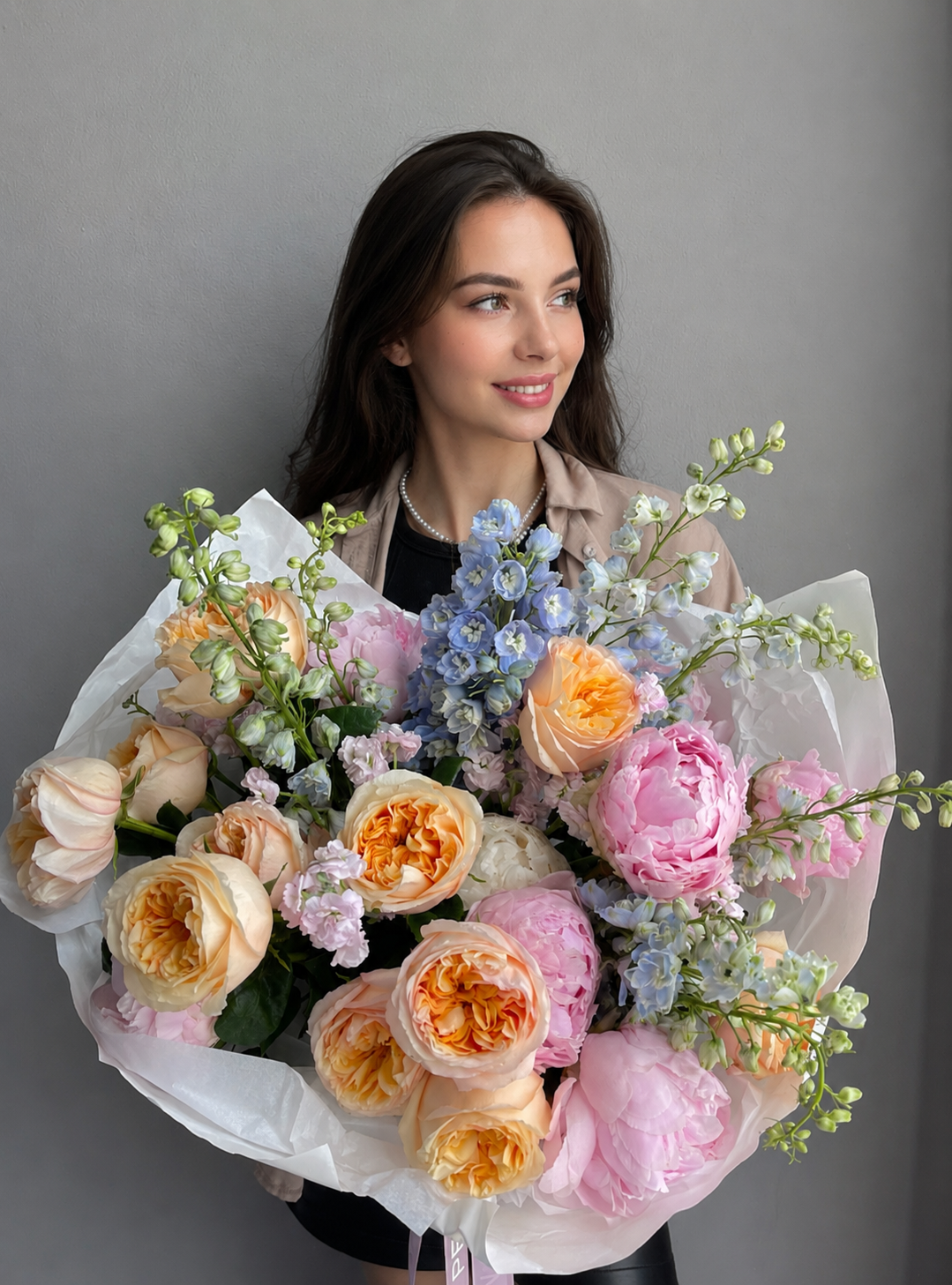 Trio bouquet “Warm June” - peonies, delphinium, peony roses