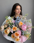 Trio bouquet “Warm June” - peonies, delphinium, peony roses