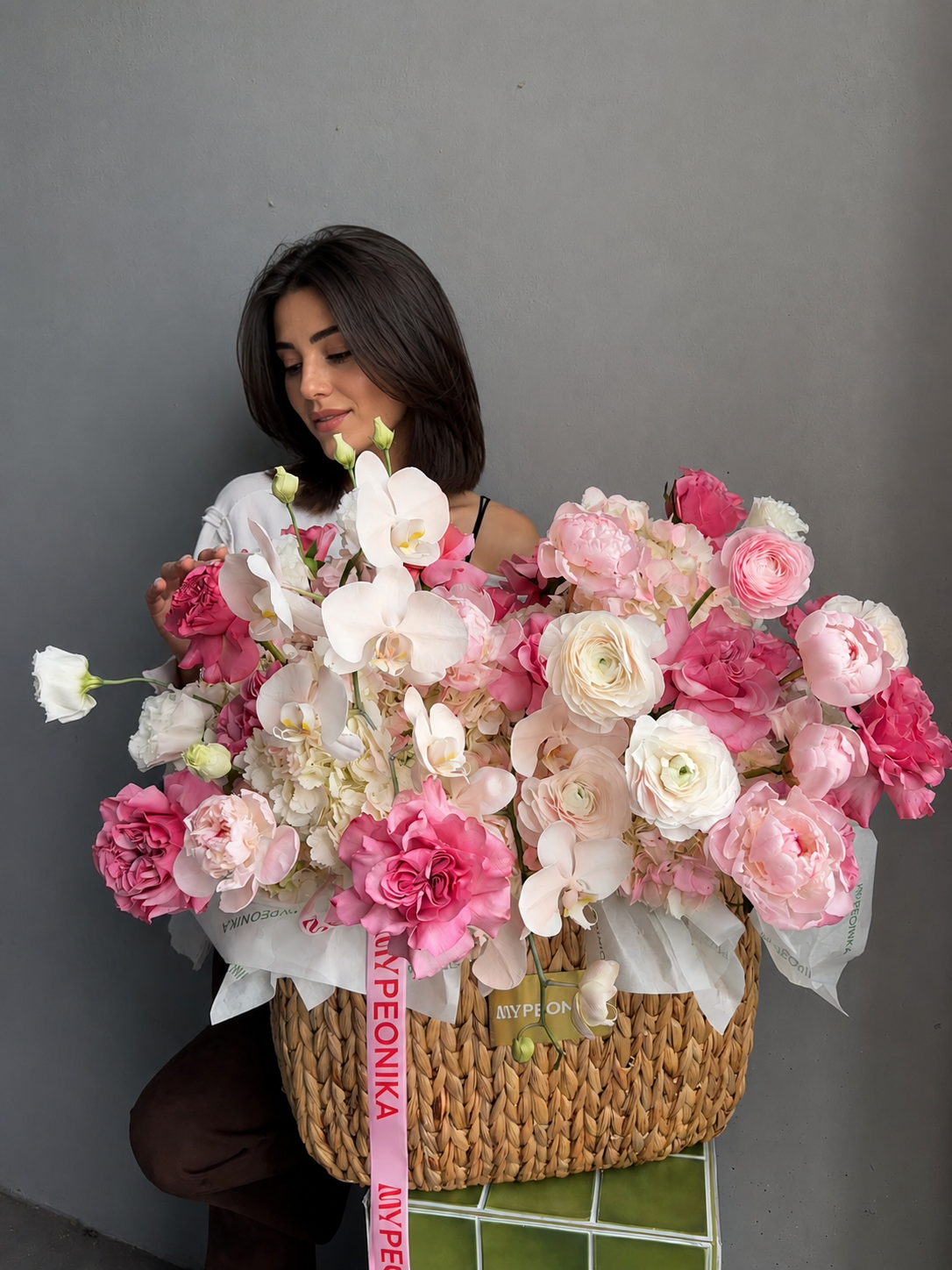 Flower Basket “The Way She Smiles” — roses, orchids, ranunculus