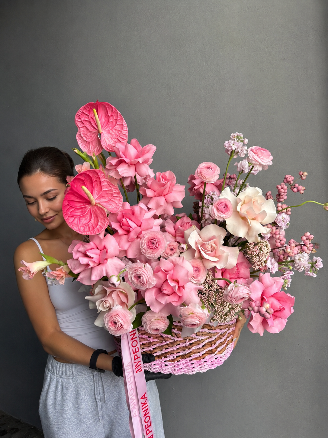Flower Basket “Powder Shock” — anthurium, roses, ranunculus, gladioli