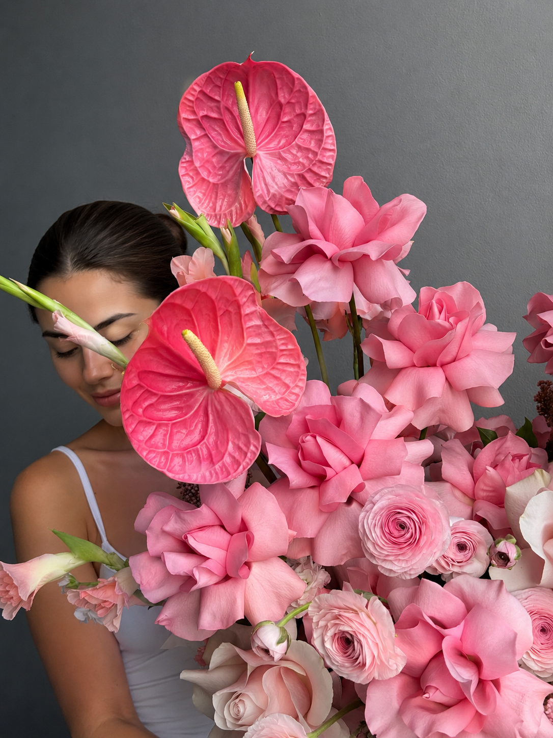 Flower Basket “Powder Shock” — anthurium, roses, ranunculus, gladioli