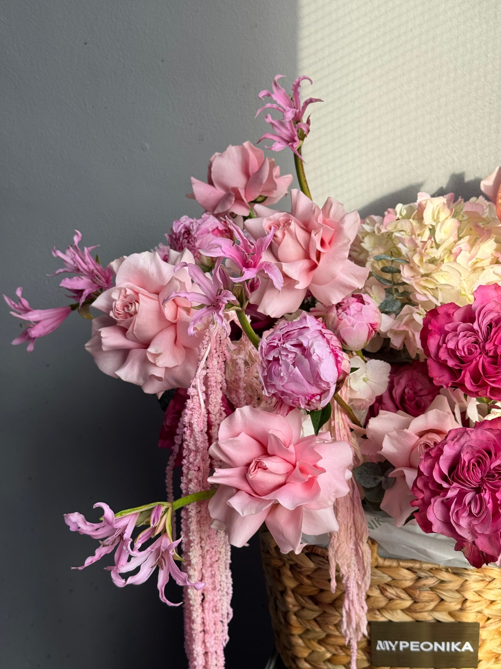 Flower Basket “Hyperpink Lite” — anthurium, amaranth, roses, hydrangea