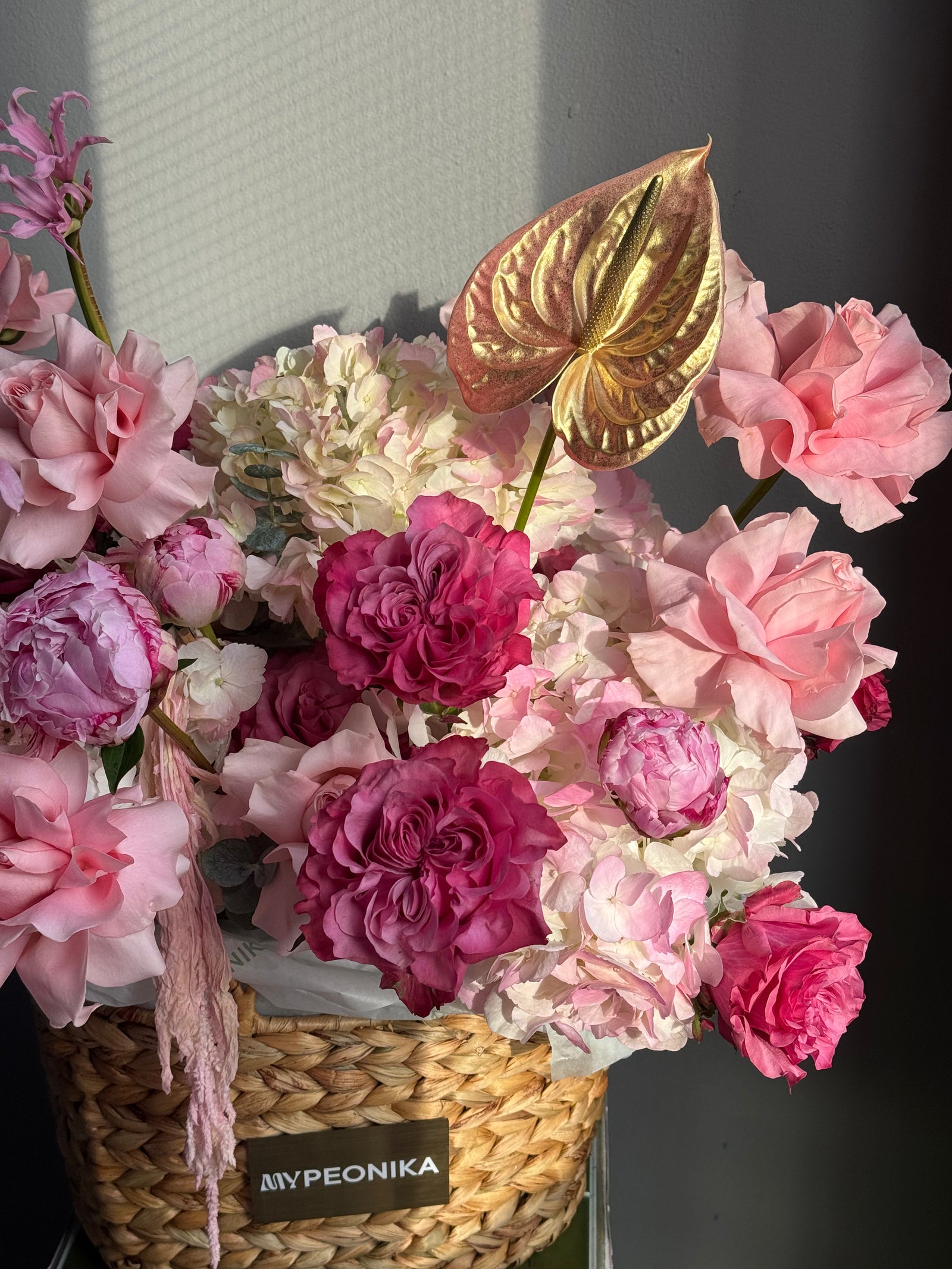 Flower Basket “Hyperpink Lite” — anthurium, amaranth, roses, hydrangea