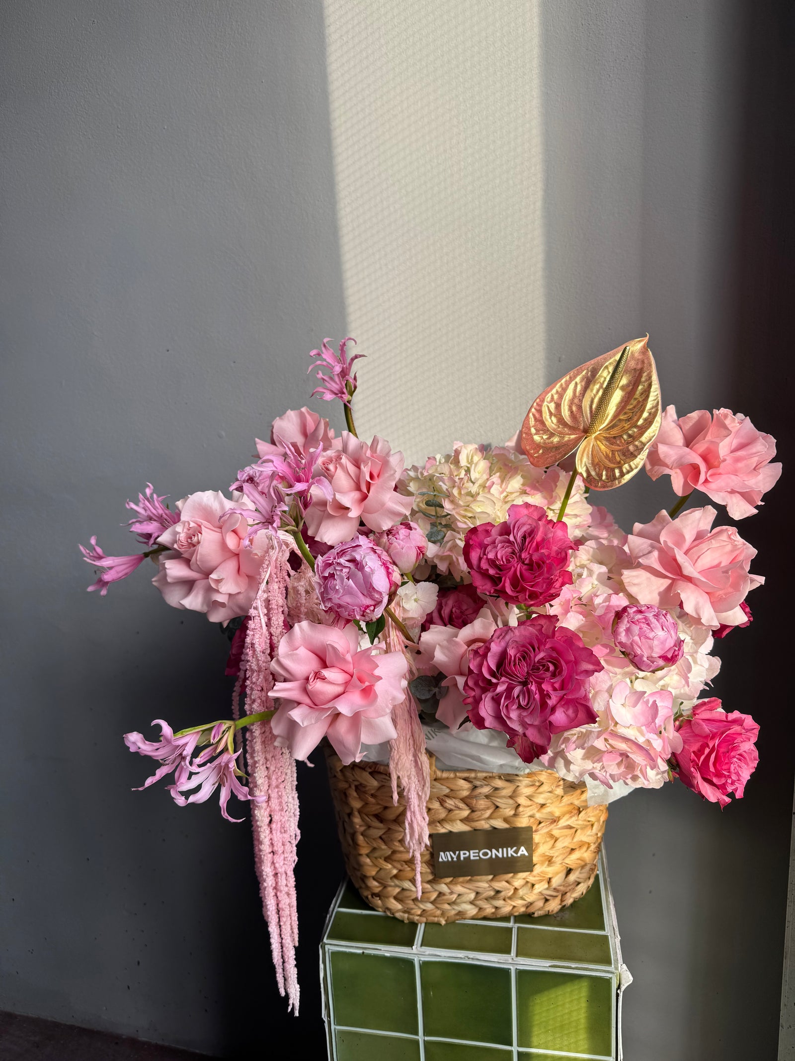 Flower Basket “Hyperpink Lite” — anthurium, amaranth, roses, hydrangea