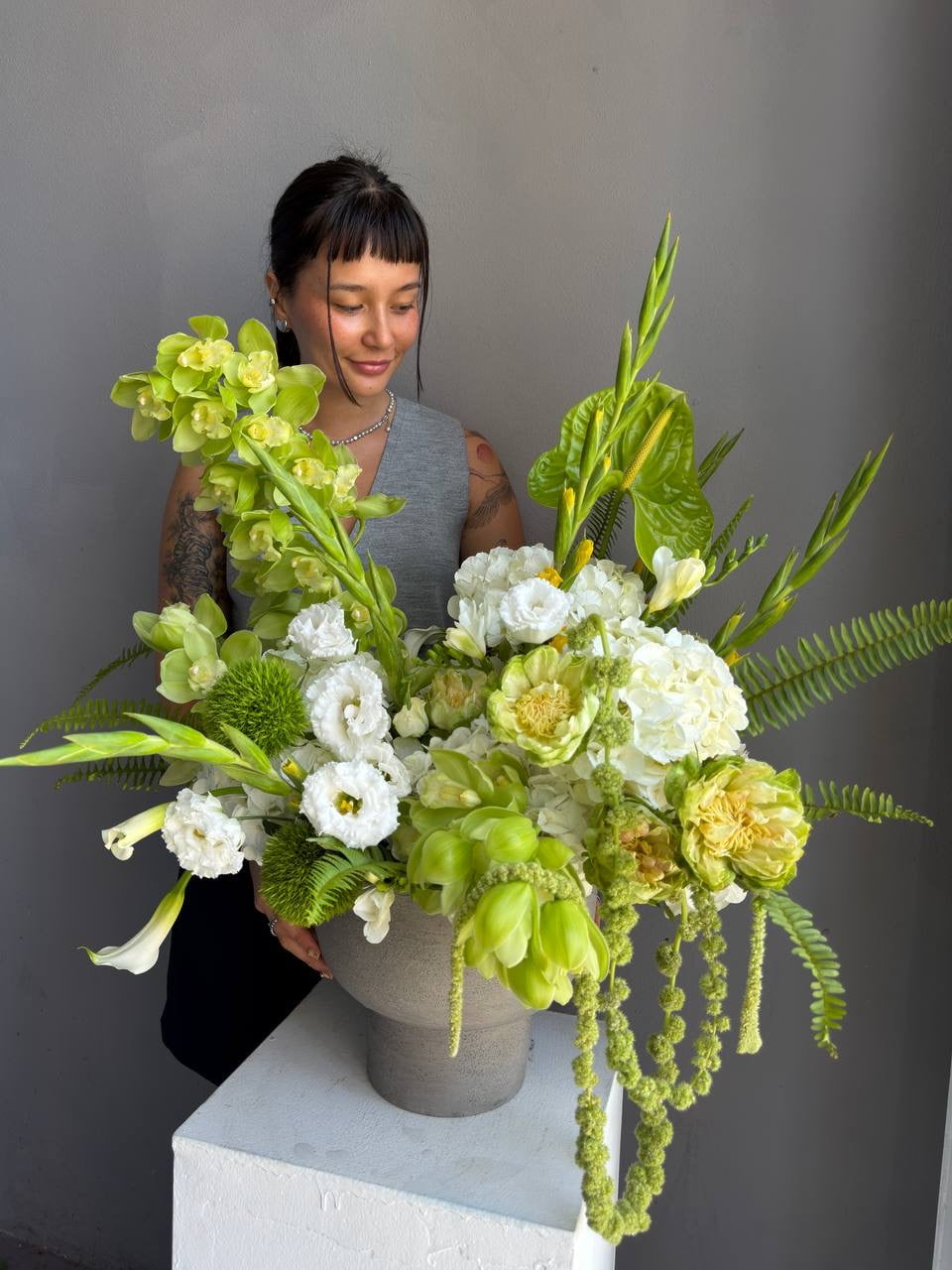 Vase Arrangement “Green Architecture” — veggie roses, amaranthus, anthurium, hydrangea, lisianthus