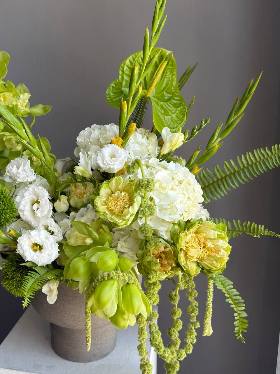Vase Arrangement “Green Architecture” — veggie roses, amaranthus, anthurium, hydrangea, lisianthus