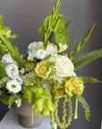 Vase Arrangement “Green Architecture” — veggie roses, amaranthus, anthurium, hydrangea, lisianthus