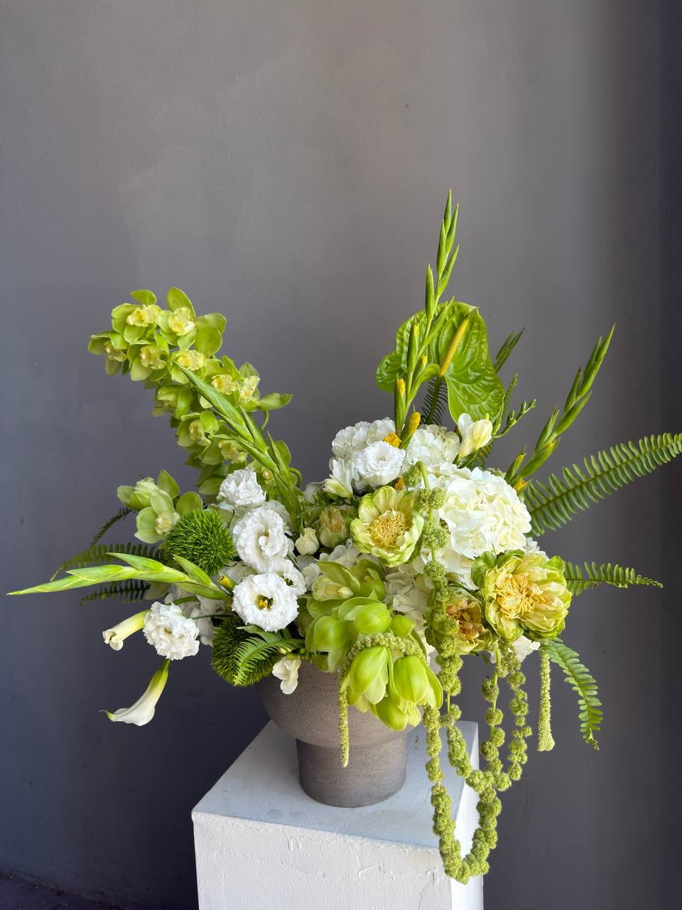 Vase Arrangement “Green Architecture” — veggie roses, amaranthus, anthurium, hydrangea, lisianthus
