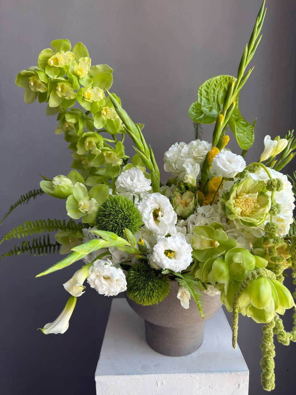 Vase Arrangement “Green Architecture” — veggie roses, amaranthus, anthurium, hydrangea, lisianthus