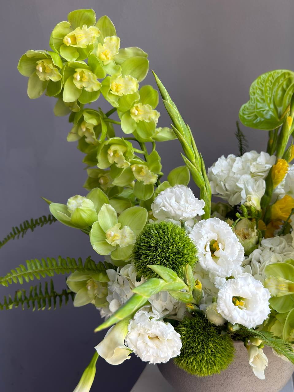 Vase Arrangement “Green Architecture” — veggie roses, amaranthus, anthurium, hydrangea, lisianthus